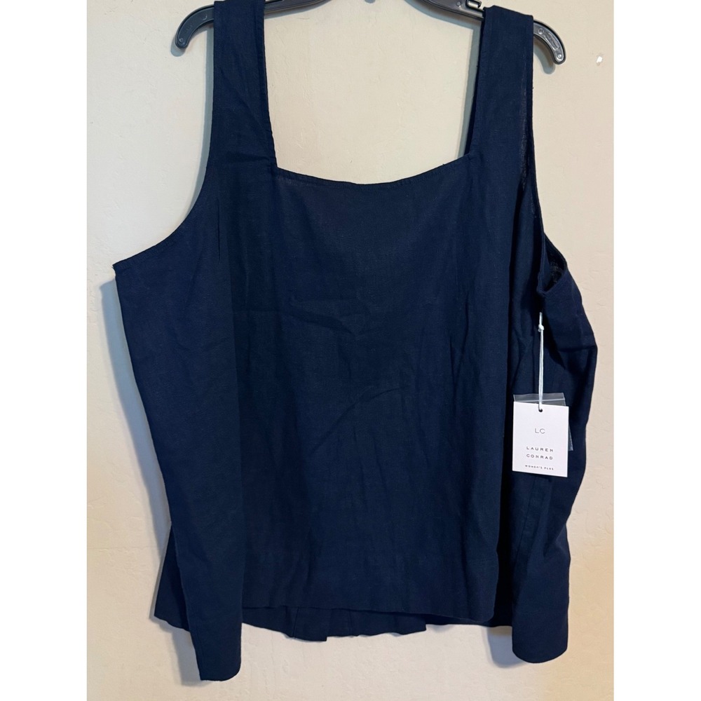 LC Lauren Conrad Tank Top Women‎ 3X Navy Linen Blend Button Back Square Neck NEW